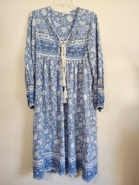 Blue Floral Boho Maxi Dress with Tassel Tie
